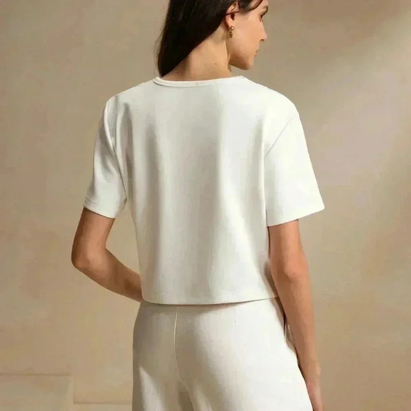 White Casual Women's Round Neck Short Sleeve Lace Patchwork Loose Crop Top - Picture 2 of 7